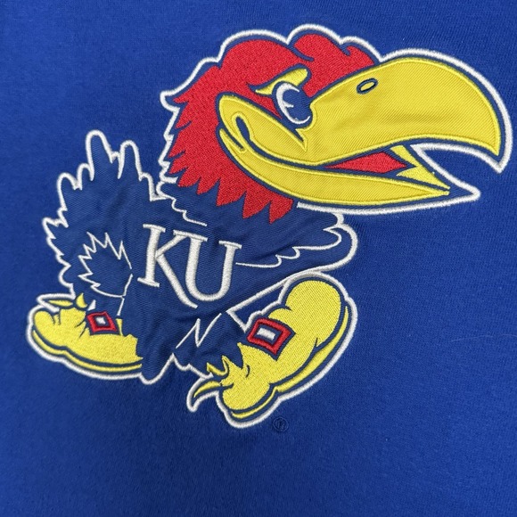 Kansas Jayhawks Mascot Logo Stadium Athletics Hoodie Pullover LG Y2K Cut Neck - Picture 5 of 11